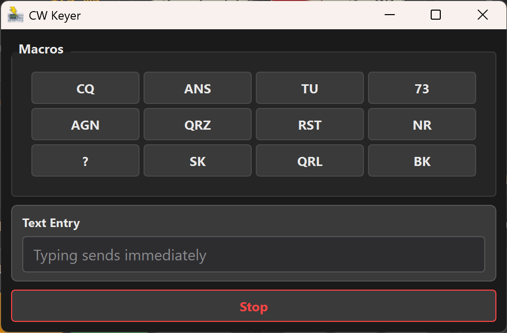 CW Keyer window showing 4x3 macro grid and text entry field