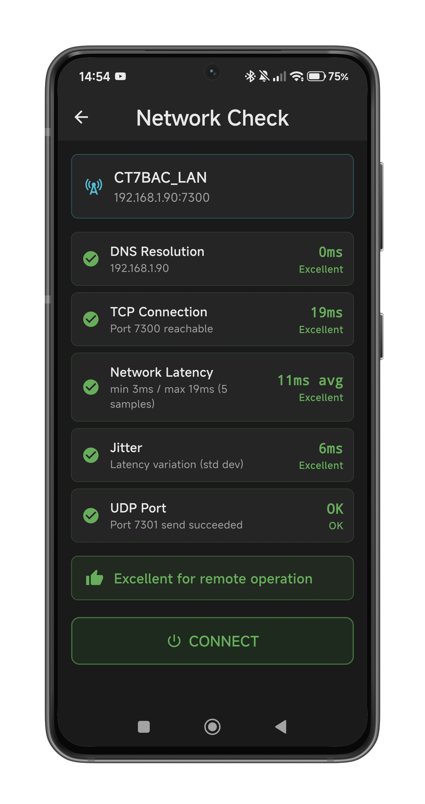 Network Check screen showing completed diagnostics with color-coded results and overall verdict
