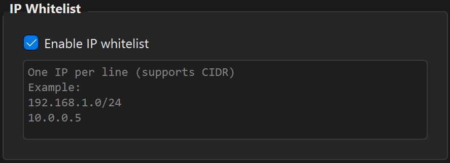 IP Whitelist panel with checkbox enabled and example IP addresses